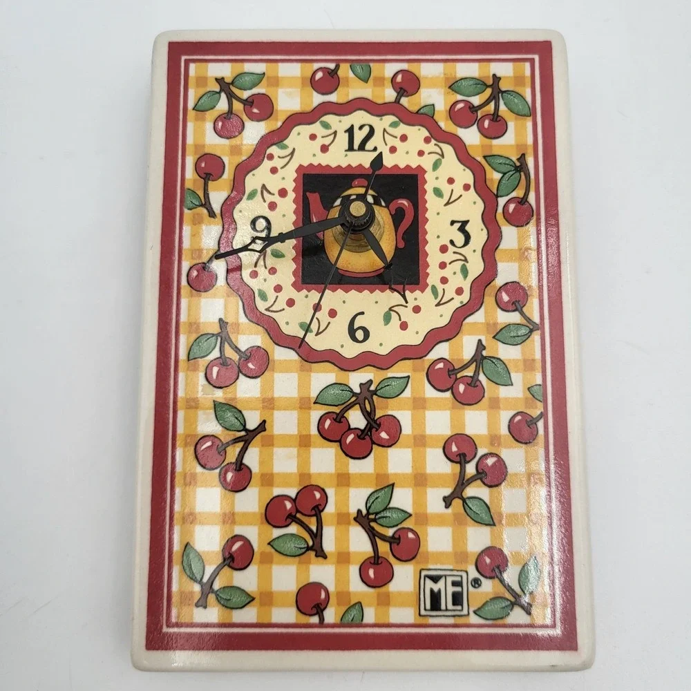 Vintage Mary Engelbreit Ceramic Tile Table, Wall Clock‎ Gingham Cherries-Works!
